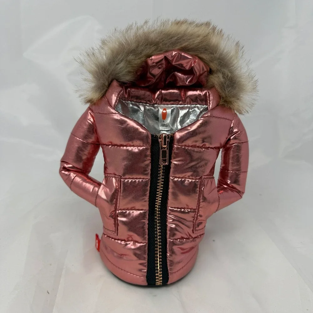 Puffin Drinkwear Metallic Pink Puffer Jacket Beverage Can Insulator Fur Hood